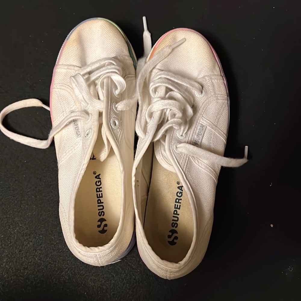 Superga White Canvas Platform Sneakers with Subtle Rainbow Trim